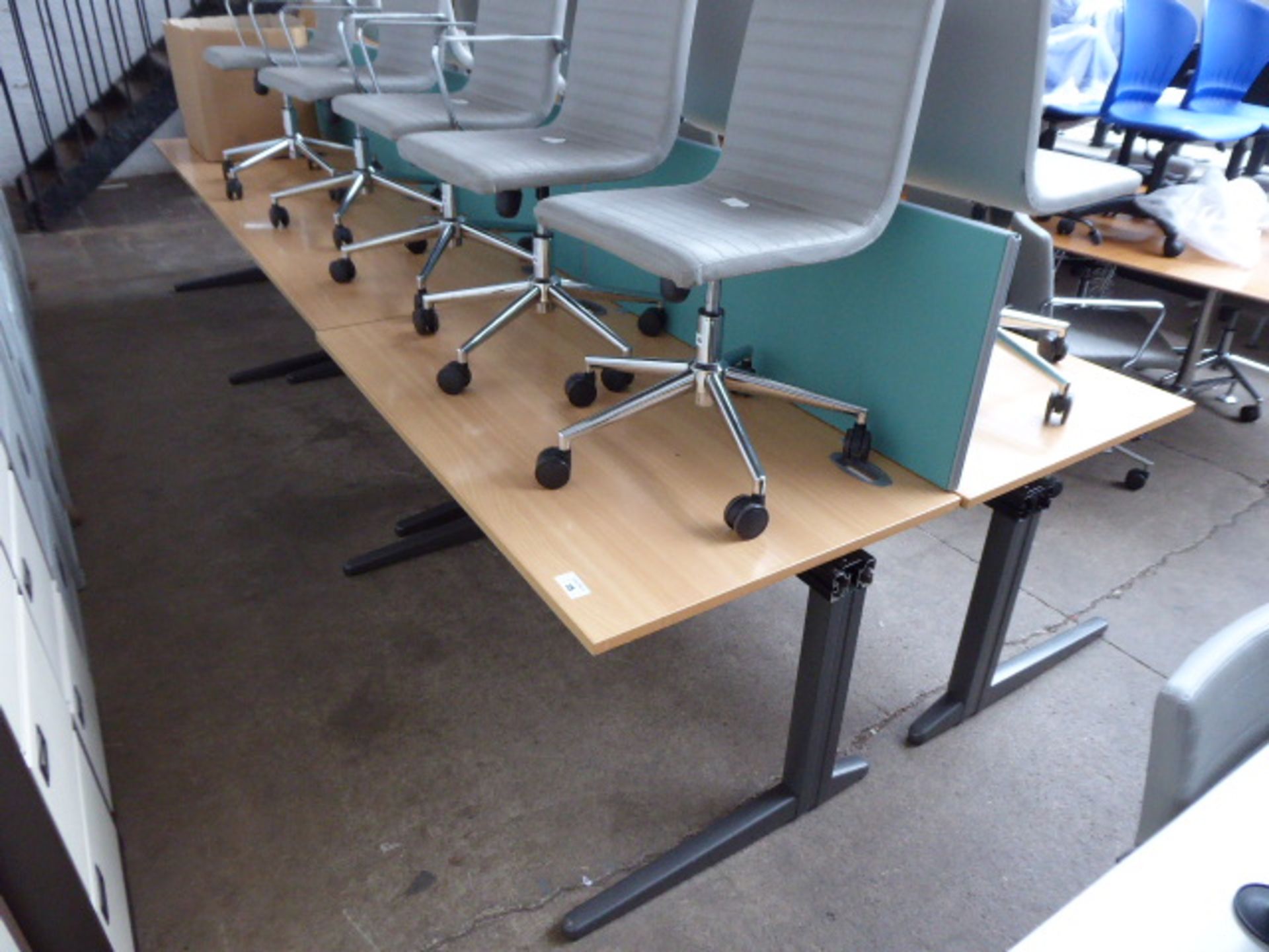 (53) Two banks of 3 x beech effect work stations with turquoise modesty screens on grey cantilever