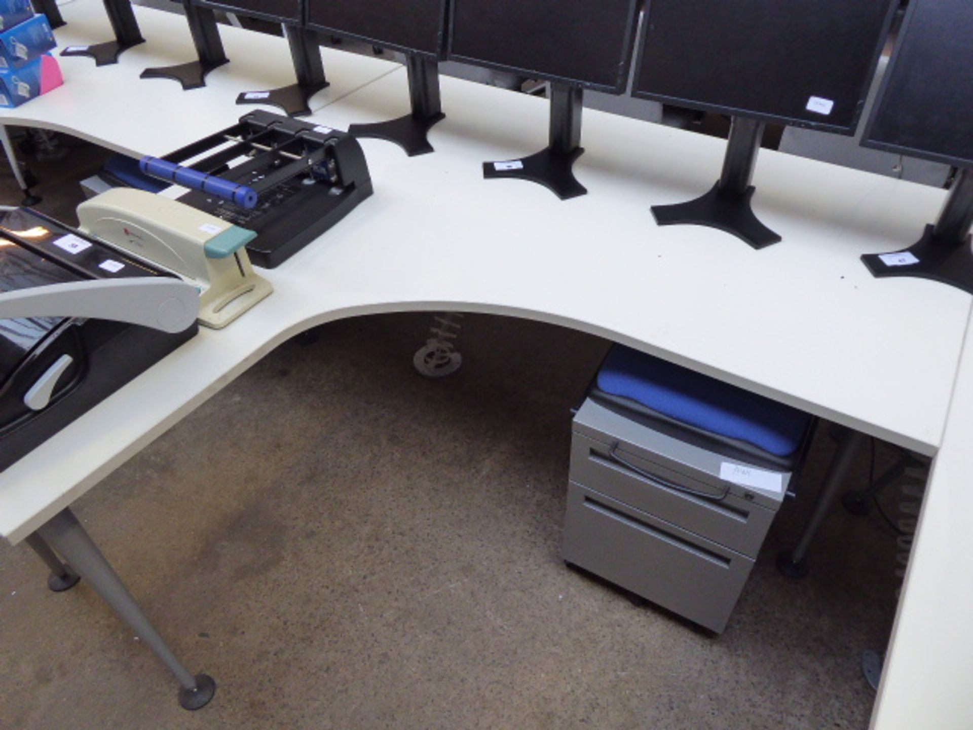 White radial workstation on metal tubular legs, 160cm x 16cm with a mobile 2 drawer pedestal with