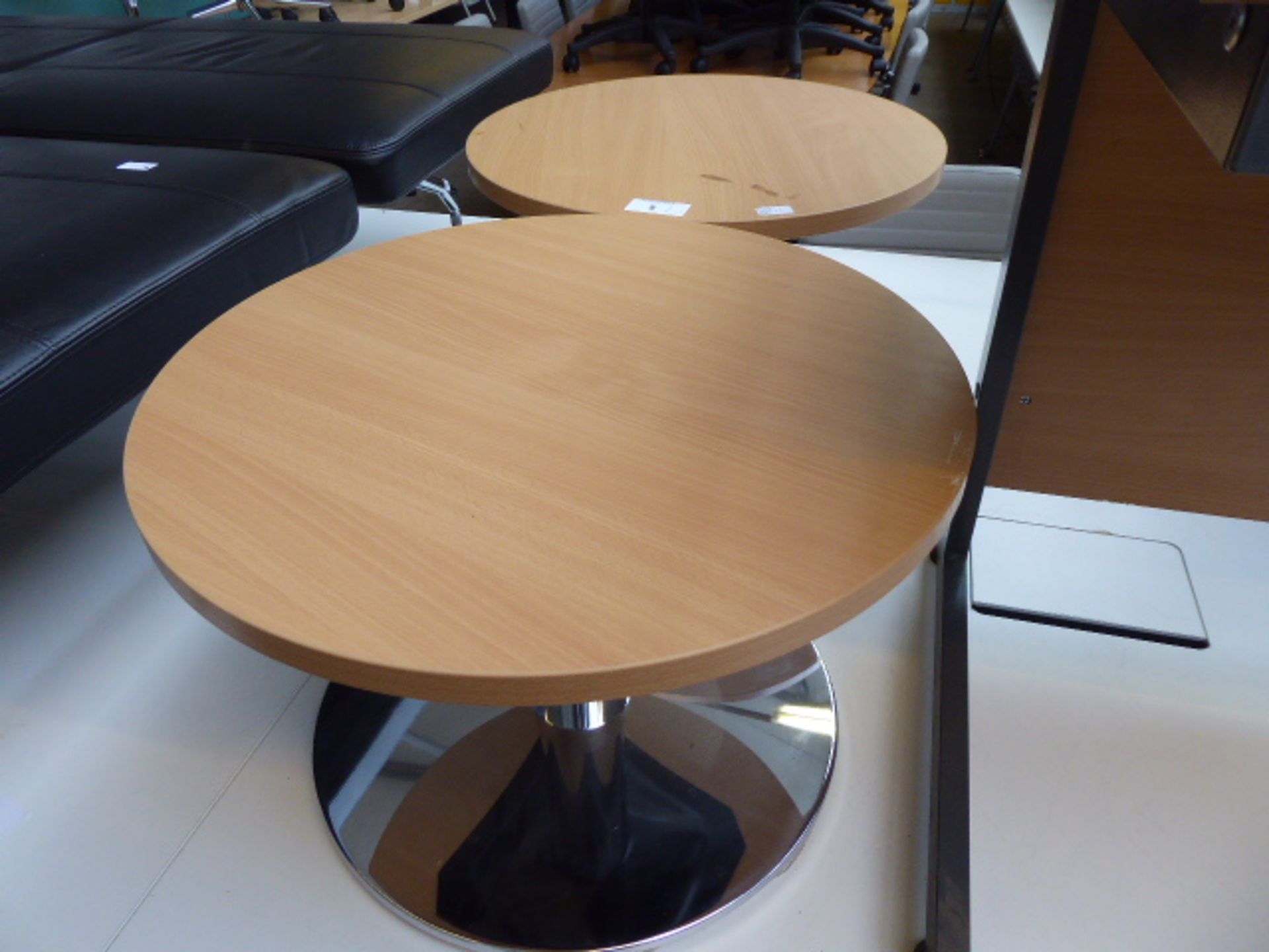 Two oak effect low circular coffee tables 60cm diameter