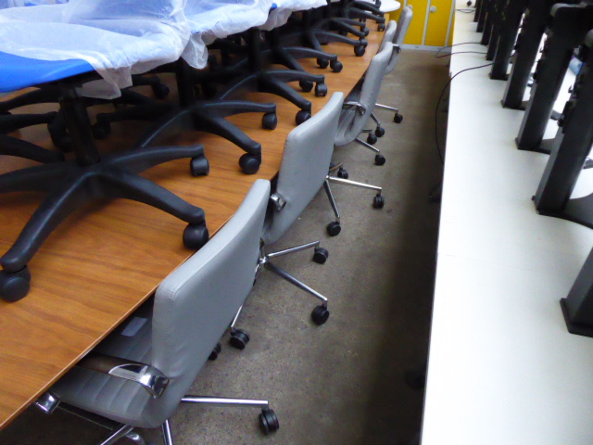 Large teak boardroom table in 3 sections on splayed chrome legs with padded feet, measuring 420cm - Image 5 of 7