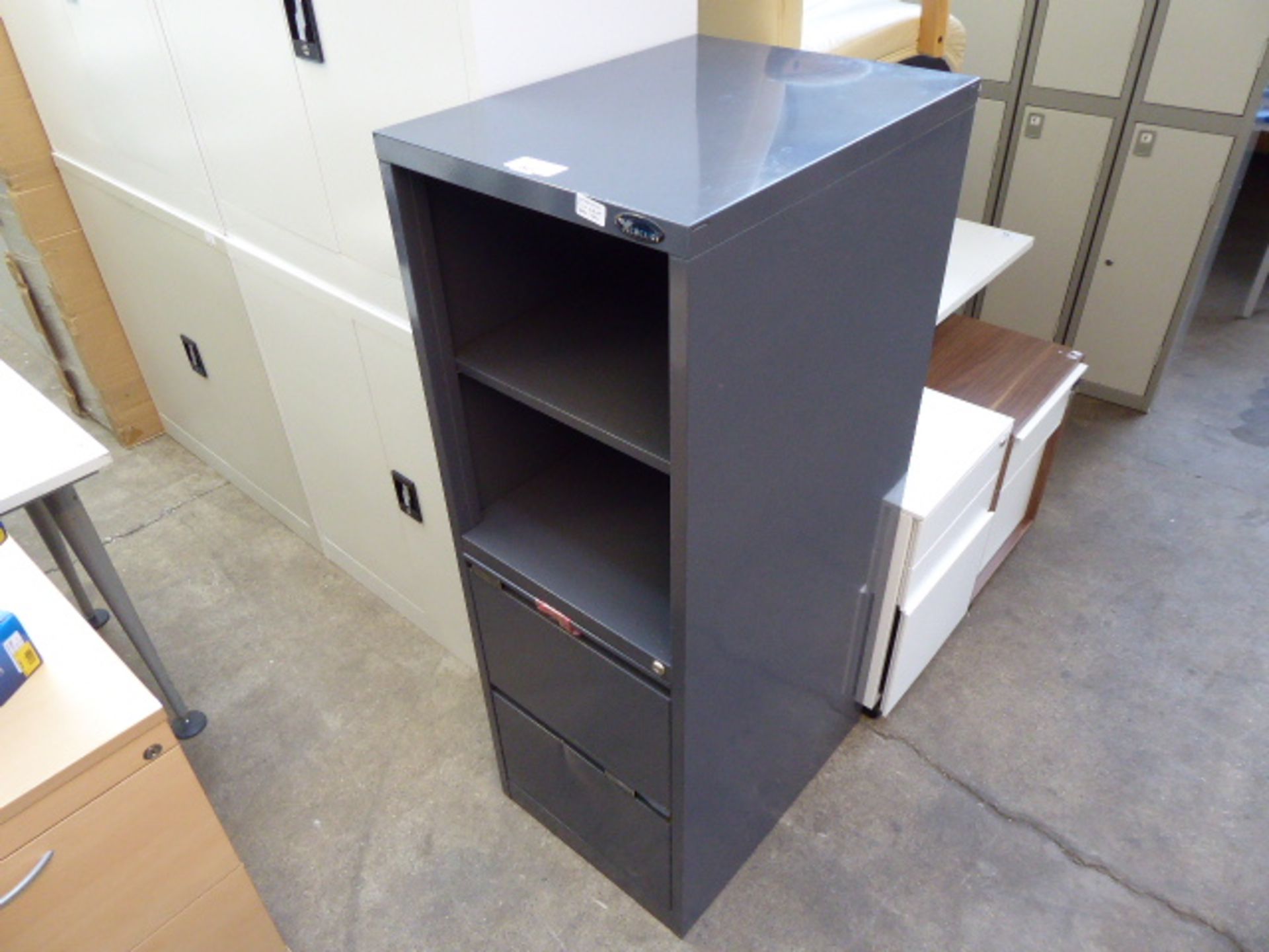 Dark grey metal 2 drawer filer with 2 shelves above