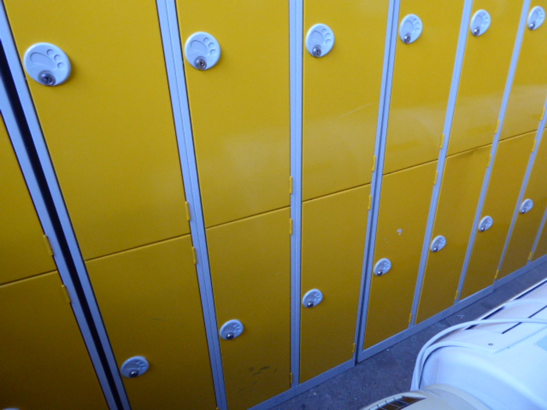 Four metal yellow and grey 6 door personal/school lockers each measuring 90cm wide (the majority - Image 2 of 2
