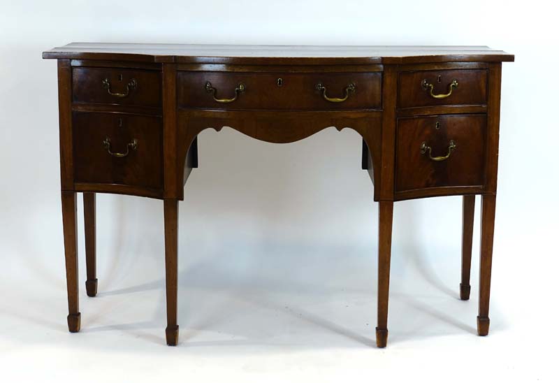 A Sheraton-style mahogany and strung serpentine fronted sideboard, on tapering legs with block feet, - Image 2 of 2