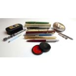 A mixed parcel of pens, propelling pencils and other collectable's including a mother of pearl box,