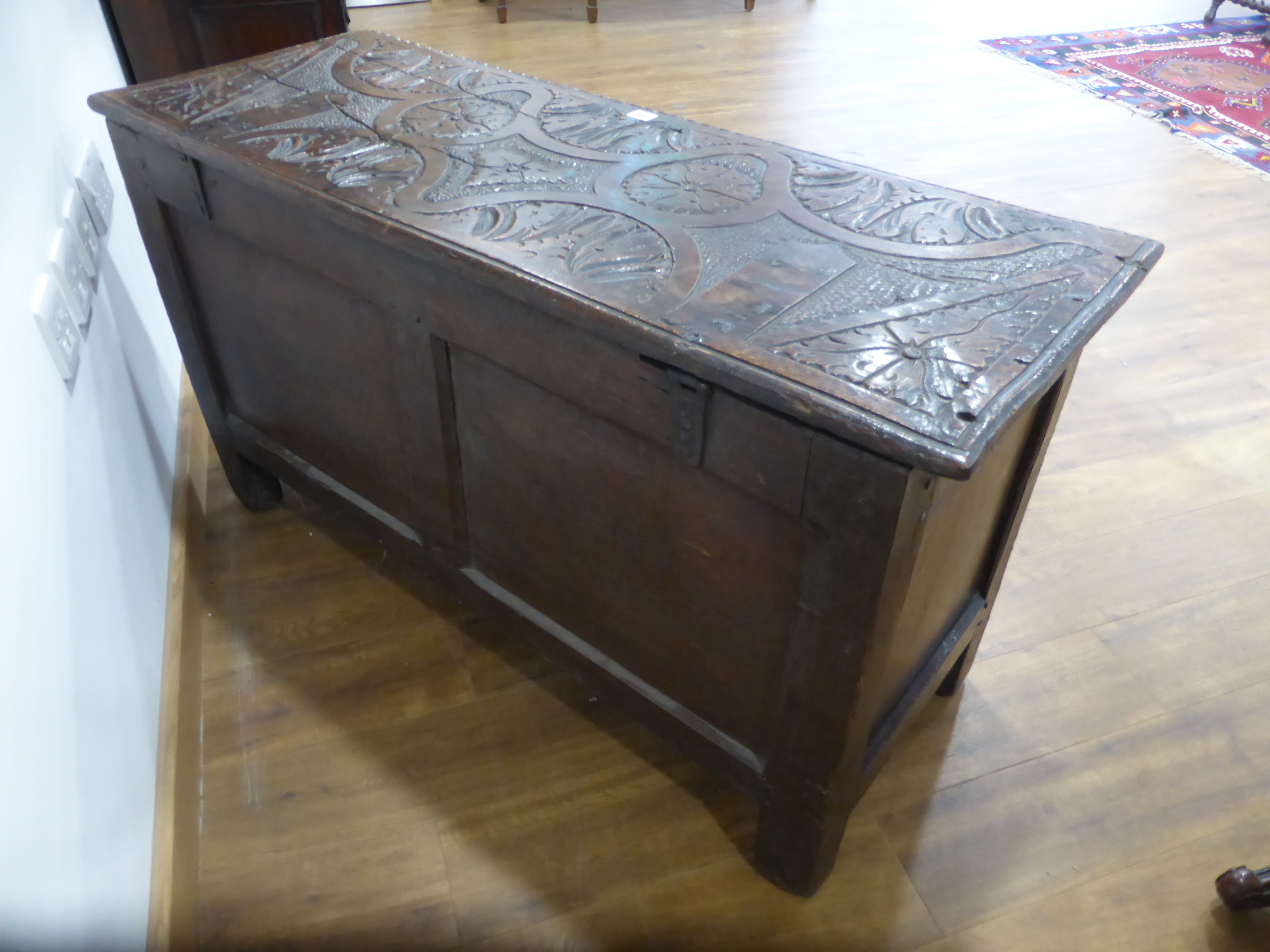 A 17th century and later oak coffer with panelled front and sides, dated 1615, - Image 2 of 19