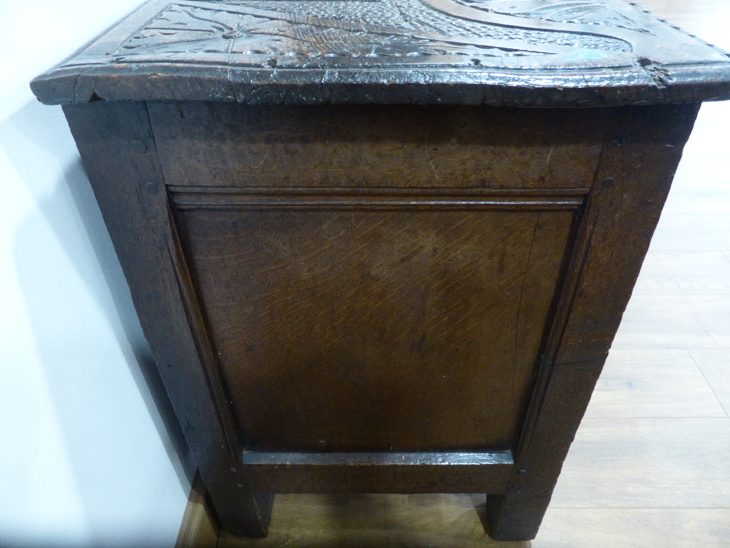 A 17th century and later oak coffer with panelled front and sides, dated 1615, - Image 3 of 19