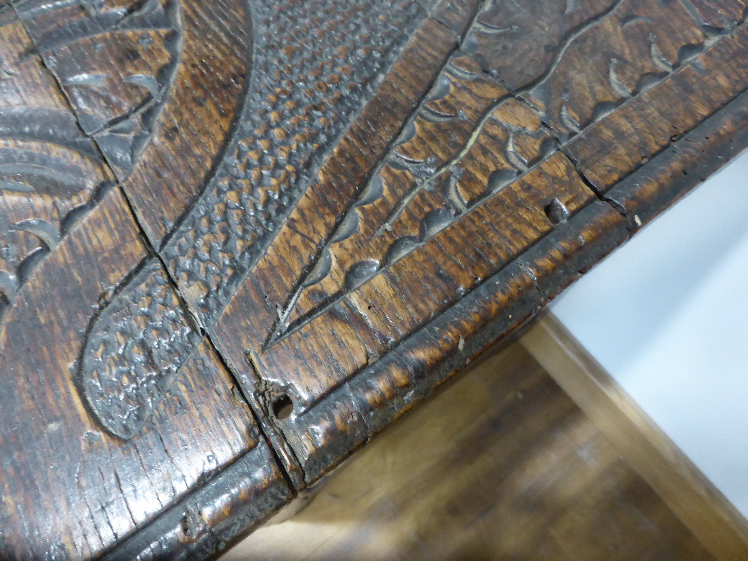 A 17th century and later oak coffer with panelled front and sides, dated 1615, - Image 5 of 19