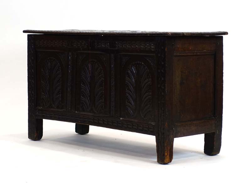 A 17th century and later oak coffer with panelled front and sides, dated 1615, - Image 4 of 19