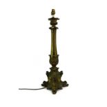 An early 20th century and later brass lamp base decorated with acanthus leaves and scrolls, h.