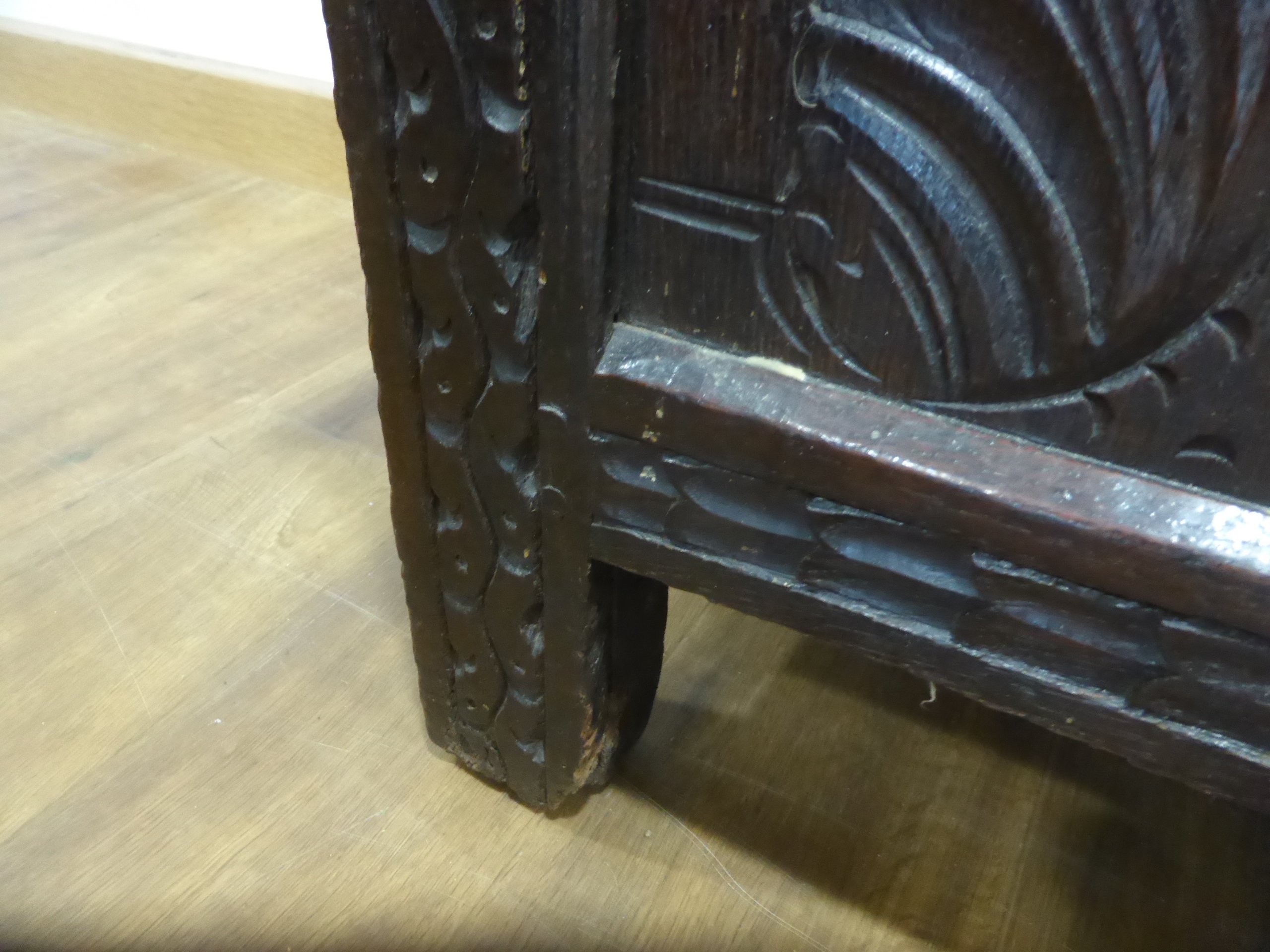 A 17th century and later oak coffer with panelled front and sides, dated 1615, - Image 18 of 19