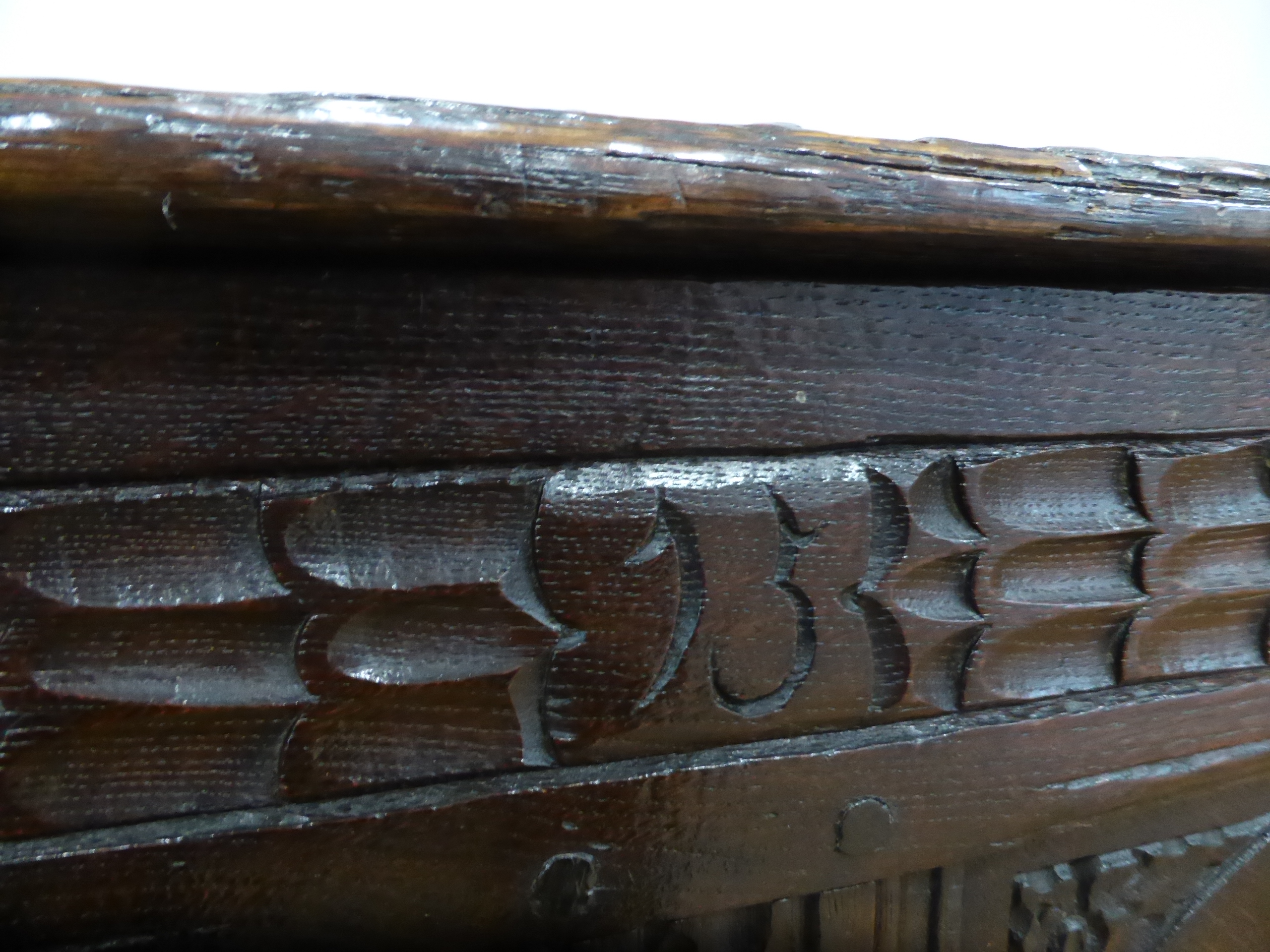 A 17th century and later oak coffer with panelled front and sides, dated 1615, - Image 17 of 19