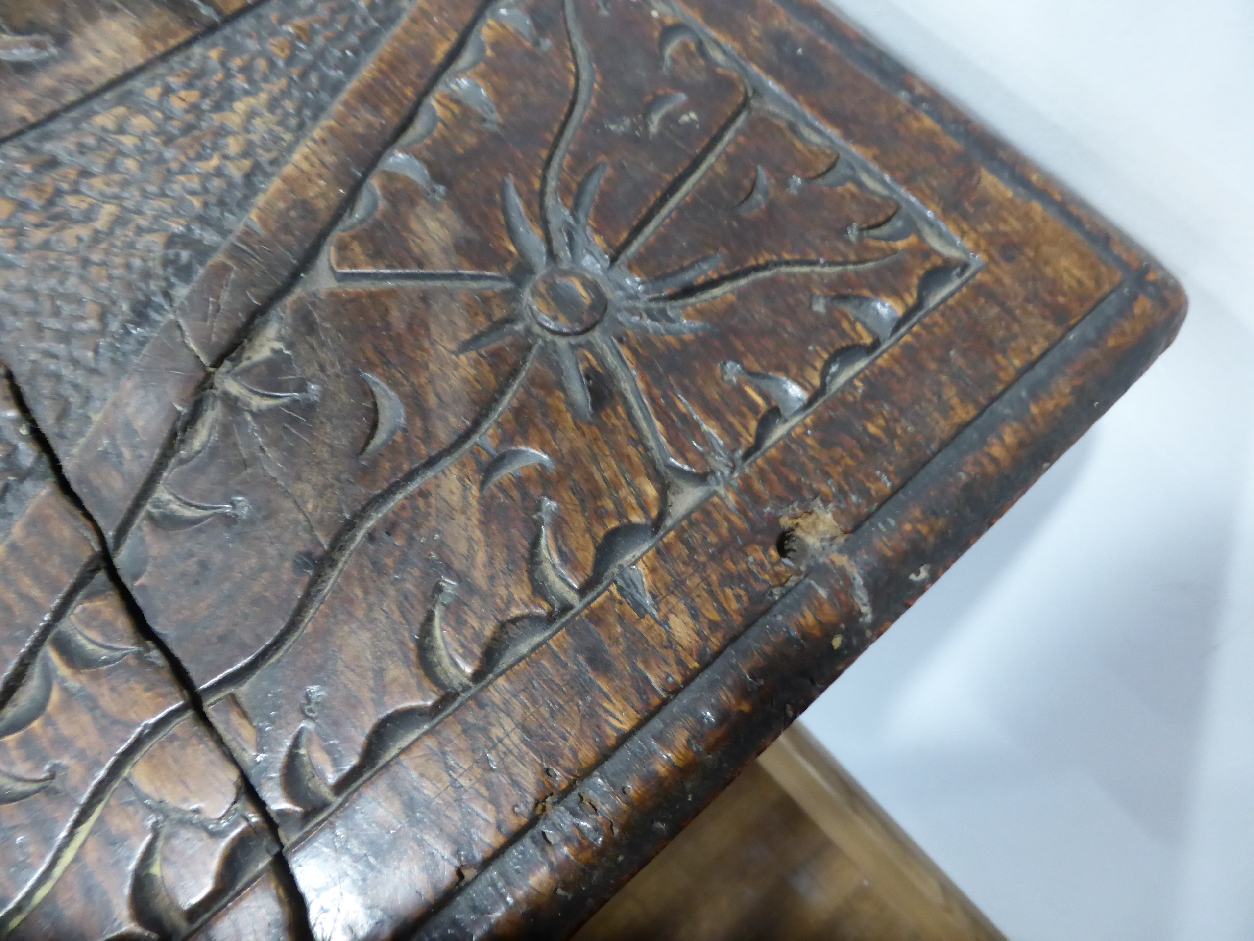 A 17th century and later oak coffer with panelled front and sides, dated 1615, - Image 6 of 19