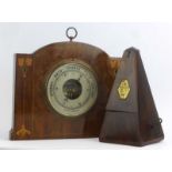 An Edwardian mahogany and inlaid aneroid barometer together with a rosewood cased metronome
