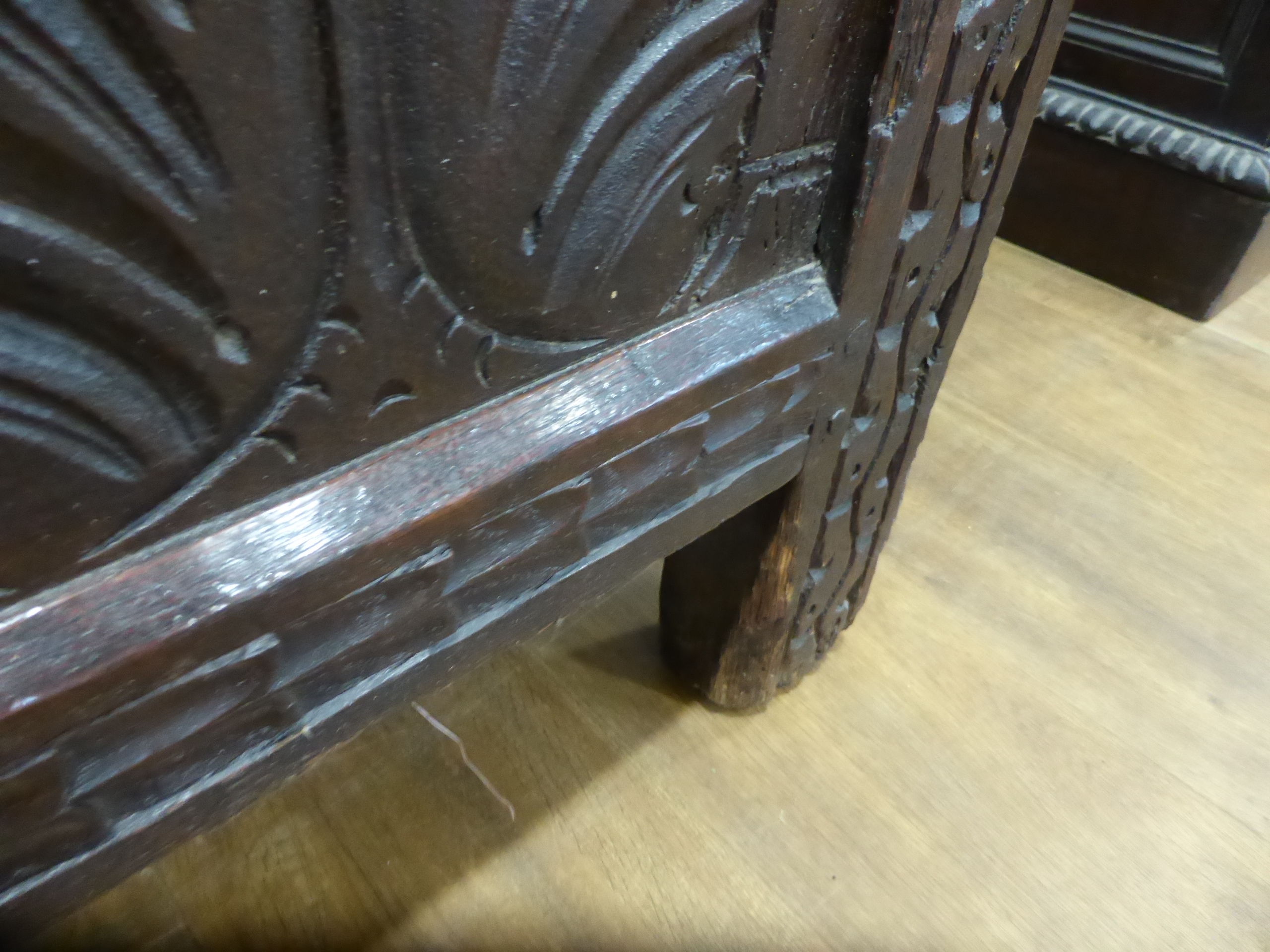 A 17th century and later oak coffer with panelled front and sides, dated 1615, - Image 19 of 19