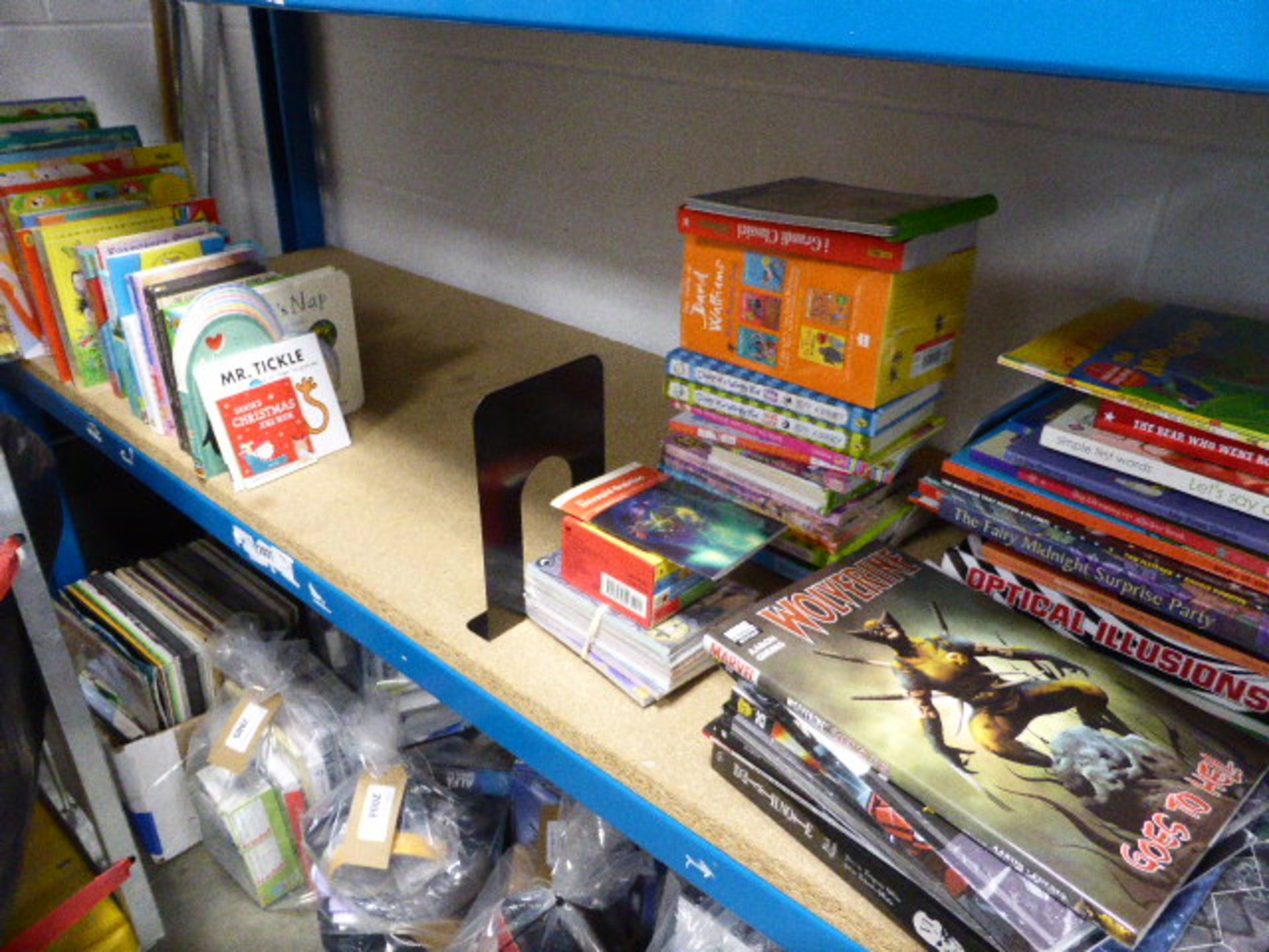 Part shelf of Childrens graphic novels, stories, puzzle books, etc