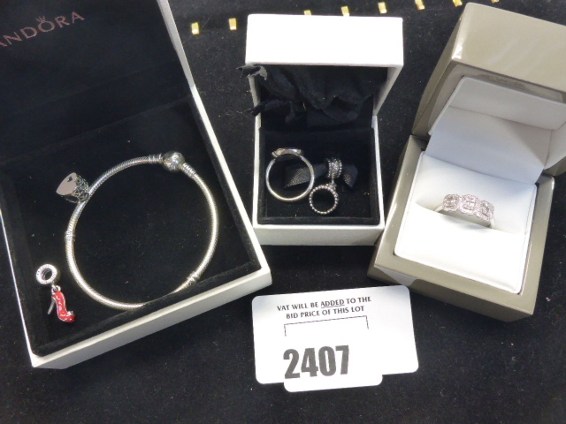 Pandora Charm bracelet Jewellery items and a 375 white gold ring boxed.