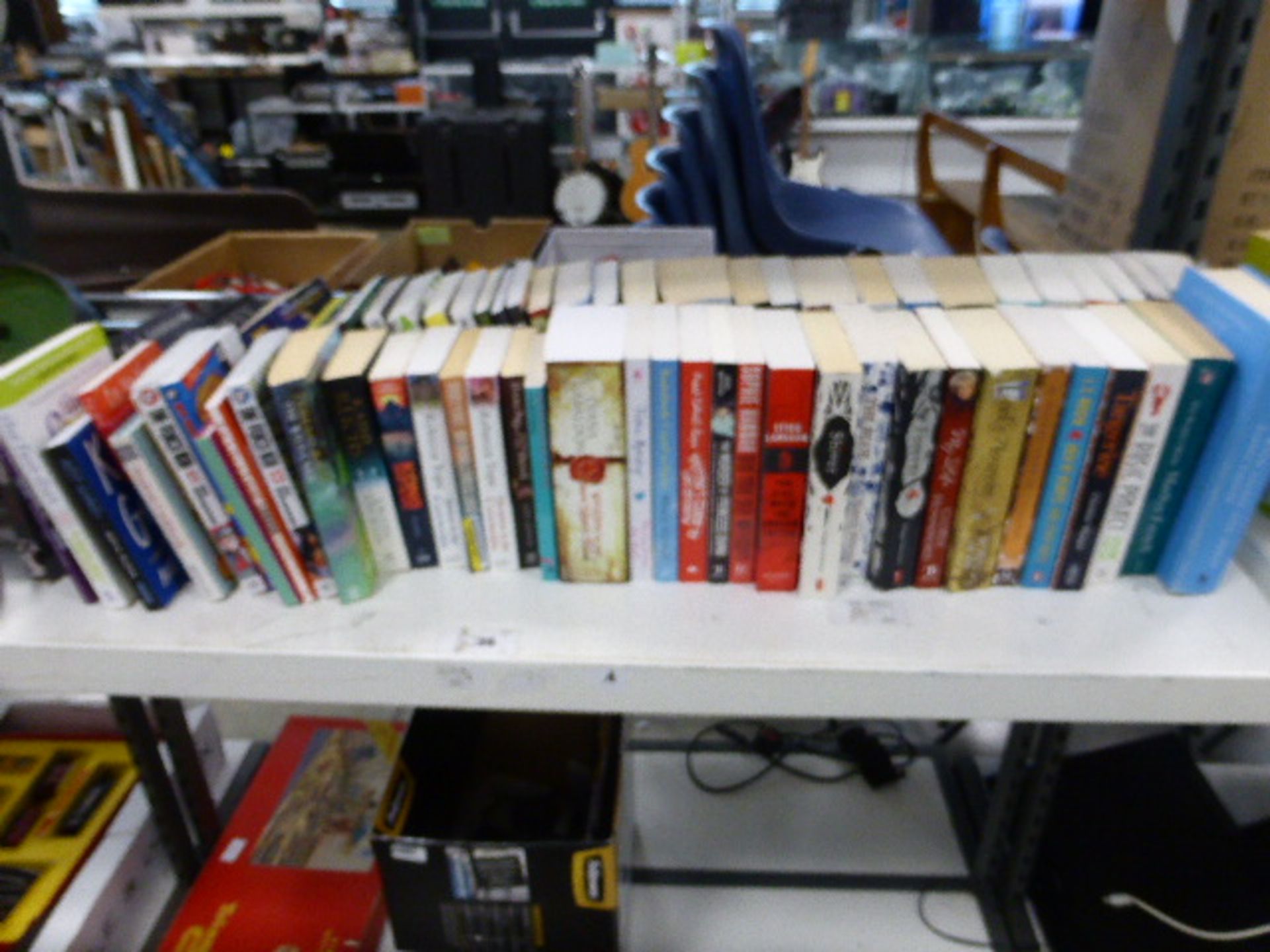 Shelf of hard back and paper backs novels, autobiographies etc