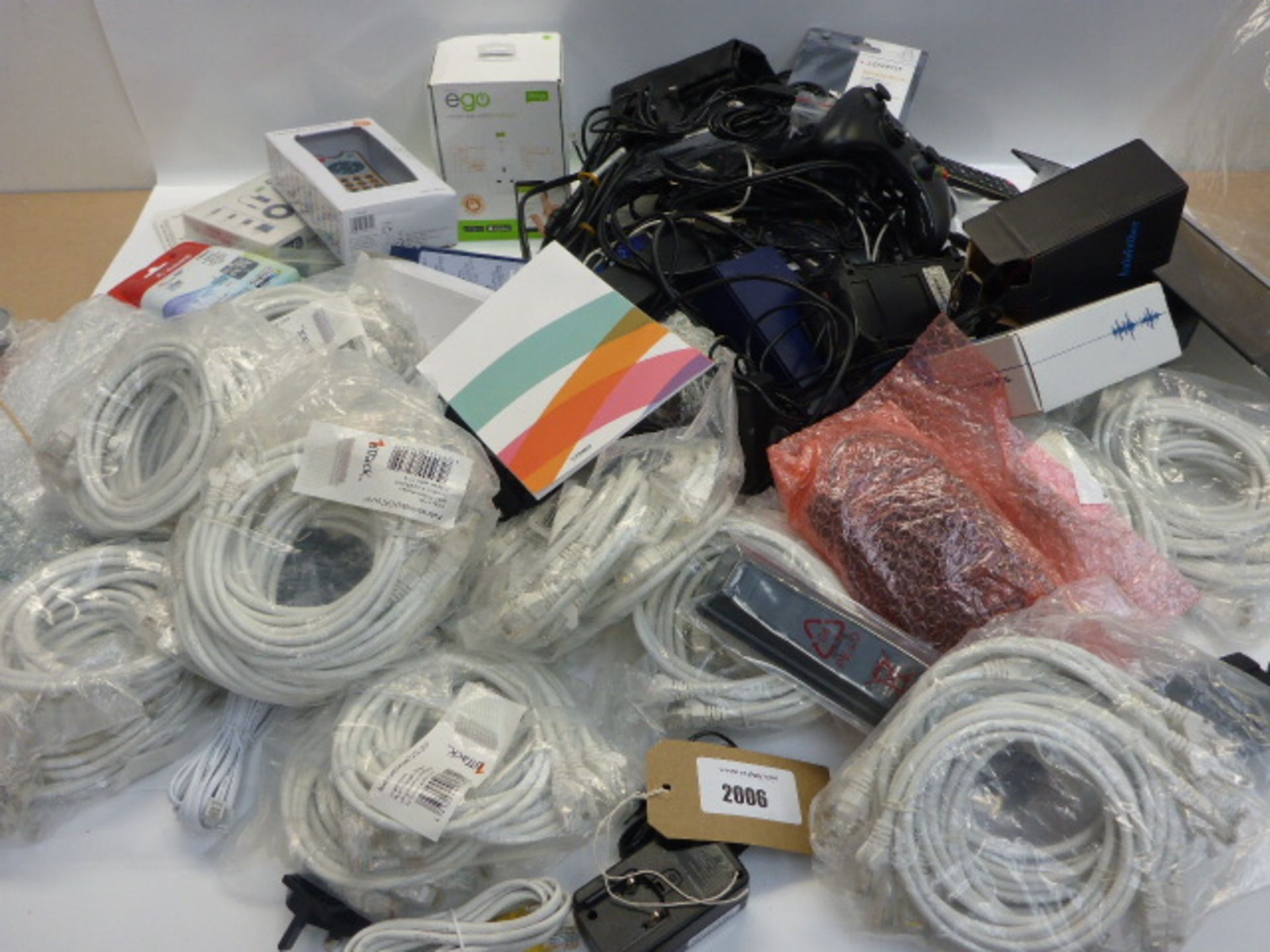 Bag containing quantity of electrical accessories; leads, cables, PC mice, adapters, remotes etc