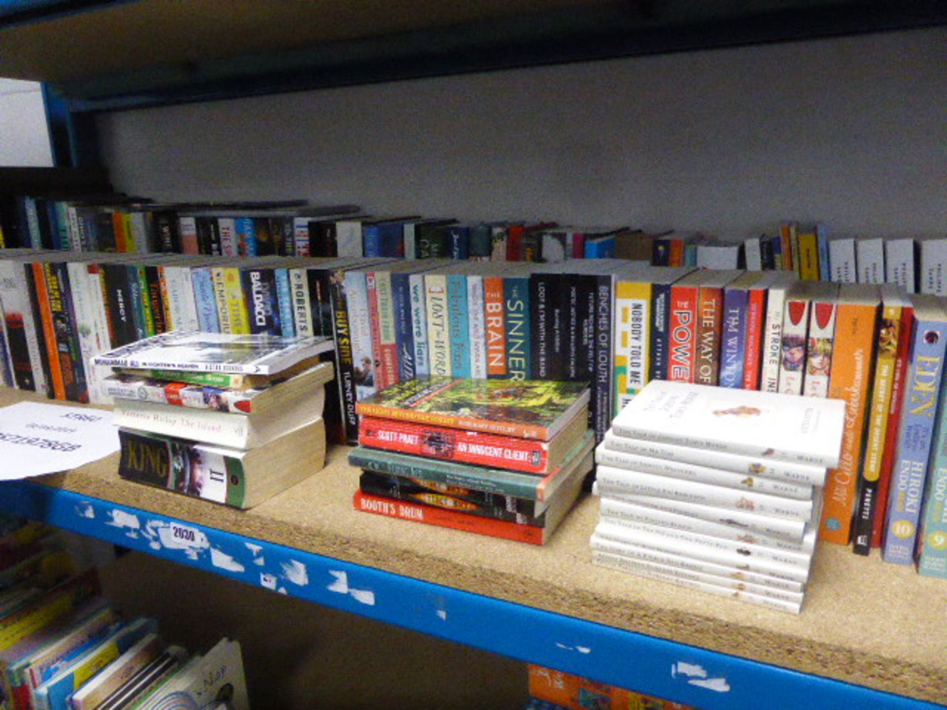 Large shelf containing various paperback and hardback novels, autobiographies, etc