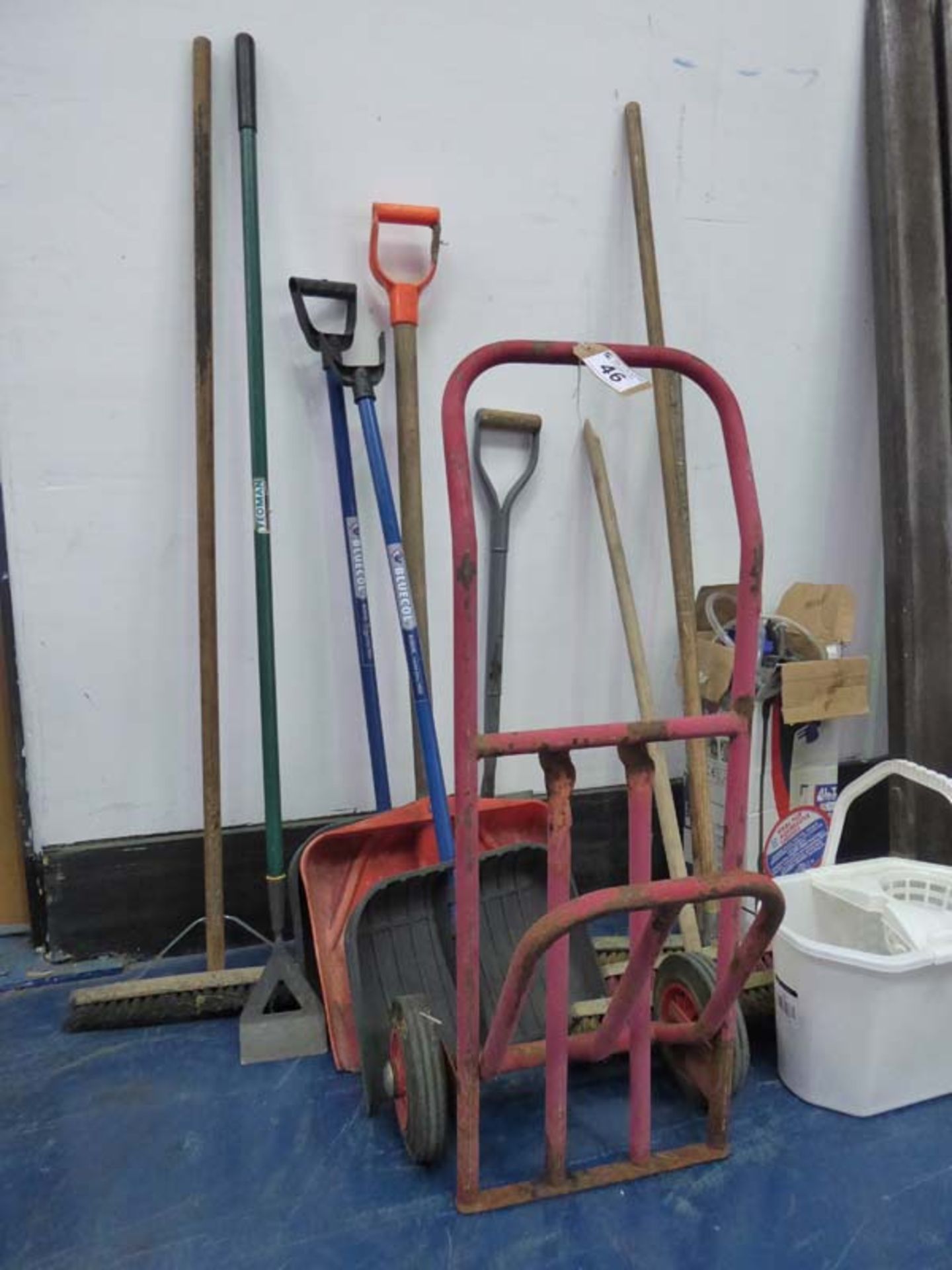 Folding metal sack barrow, various brooms, shovels and a Alta knapsack sprayer