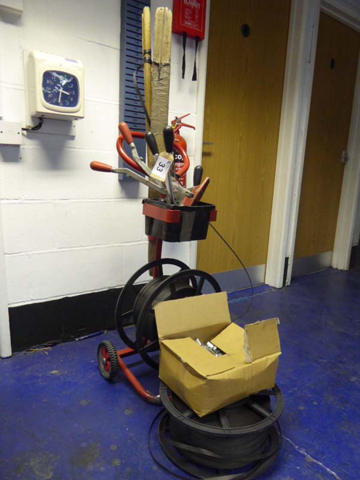 Various hand operated banding equipment with trolley, tape and clips