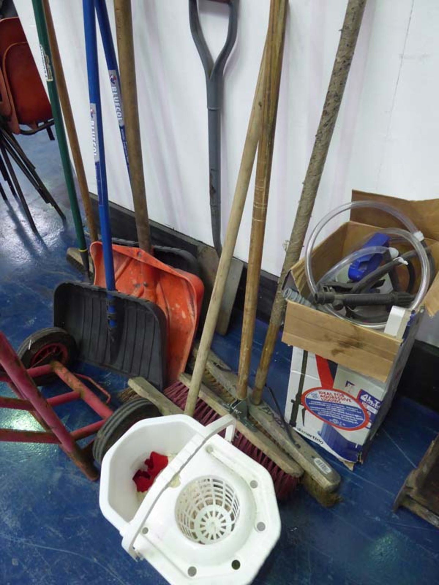 Folding metal sack barrow, various brooms, shovels and a Alta knapsack sprayer - Image 2 of 2