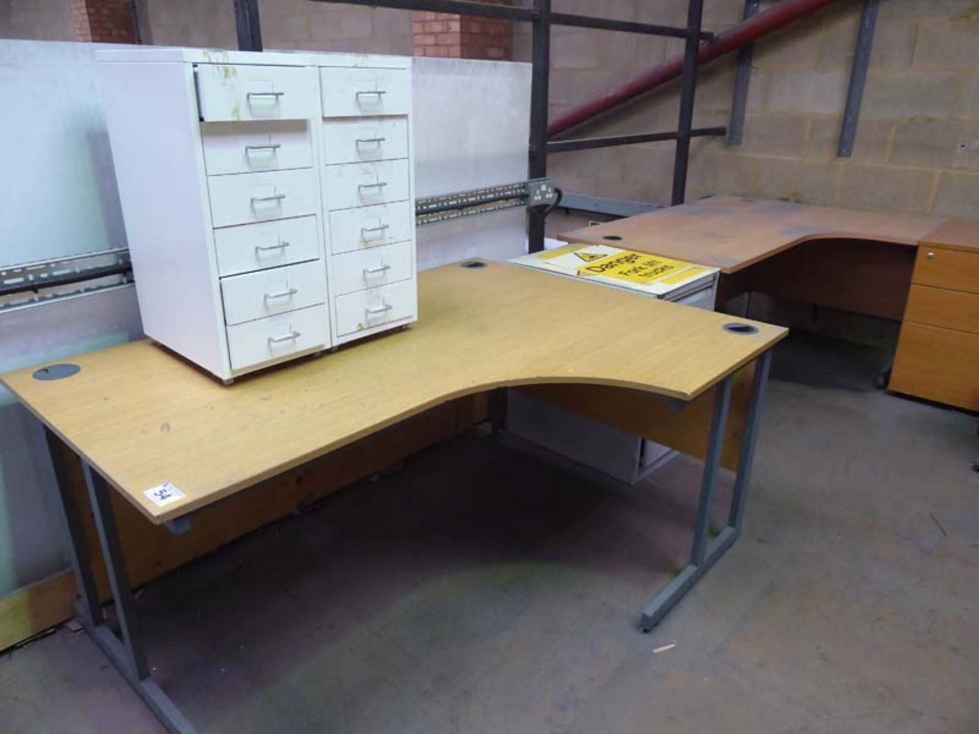 Range of office furniture (on mezzanine) including 3 metal filing cabinets, 2 double door storage