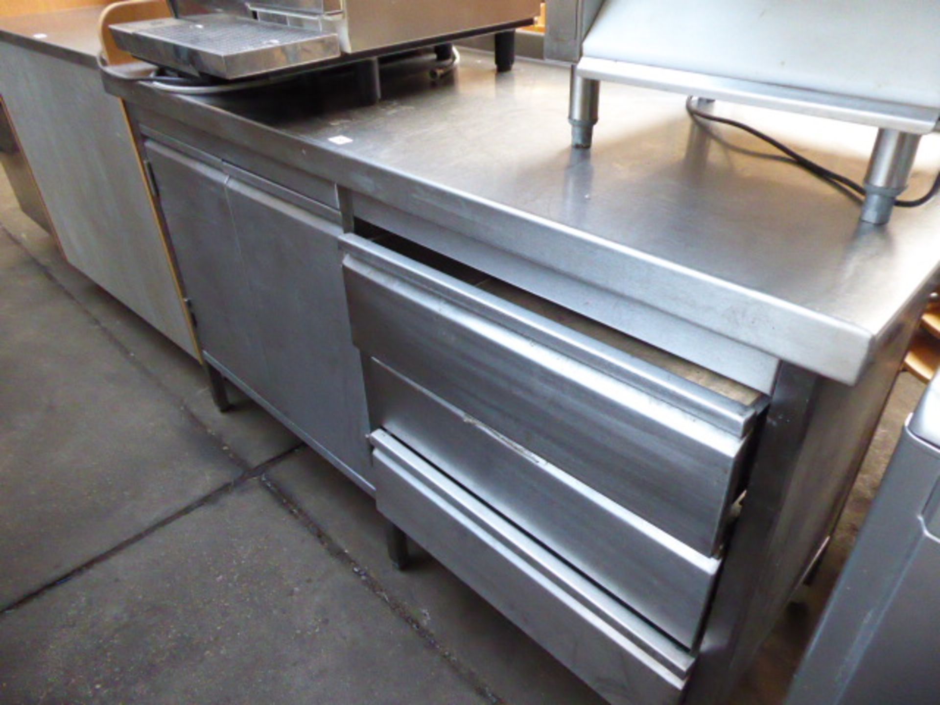 150cm heavy engineered stainless steel preparation station with 3 drawers and cupboard under