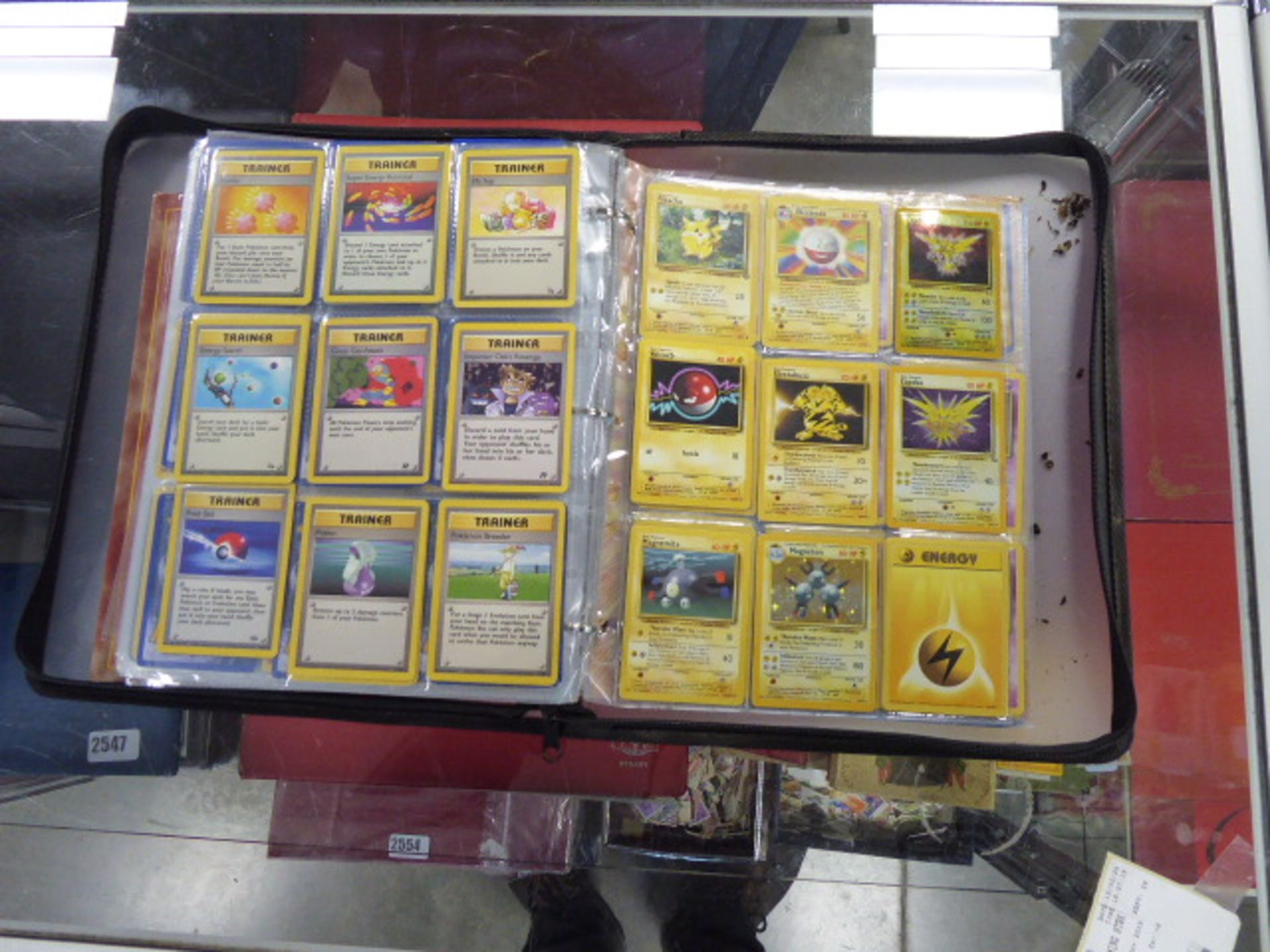 Pokemon collectors cards in folder with various pokemon books.