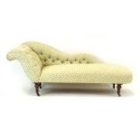 A 19th century and later button upholstered chaise on mahogany turned feet with castors