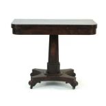 A William IV rosewood and crossbanded card table, the folding surface over a plain frieze,