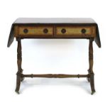 A Sheraton Revival mahogany and crossbanded sofa table with two drawers on turned supports joined