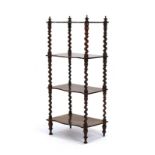 A Victorian mahogany four-tier what-not-stand with a serpentine front and barley twist supports, w.