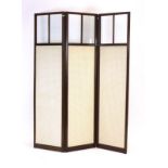 An Edwardian mahogany and tapestry three-fold screen with glazed sections and tambour joints, h.