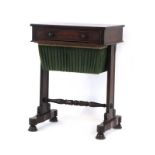 A 19th century mahogany and crossbanded sewing table, the single drawer over a suspended basket,