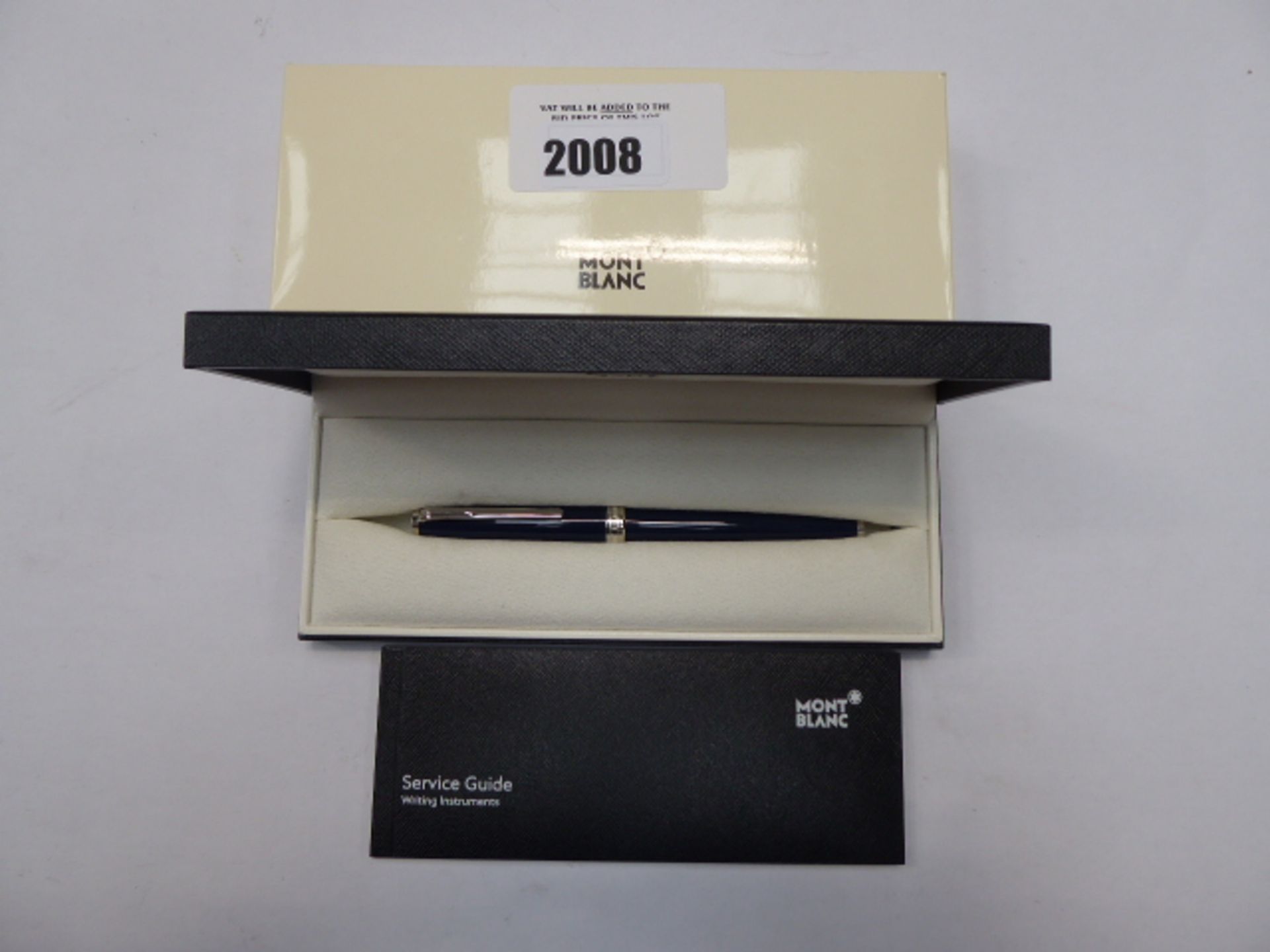 Mont Blanc blue ballpoint pen with case, service guide and box