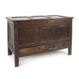 An 18th century oak mule chest, the three panelled front over two drawers,