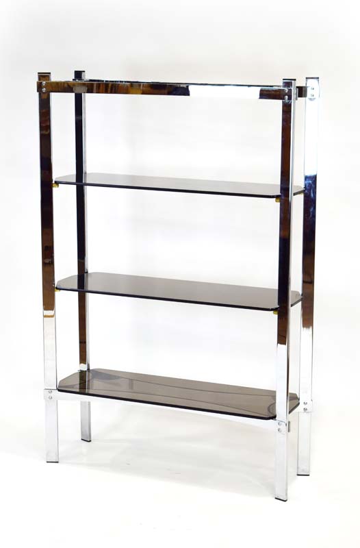 A 1970's Merrow Associates chrome three-tier shelving unit with smoked glass shelves - Image 2 of 7