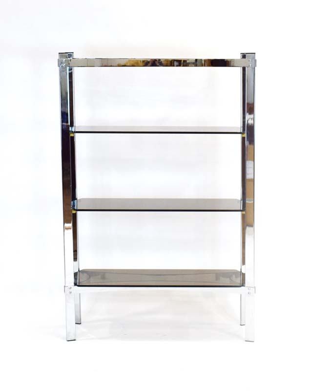 A 1970's Merrow Associates chrome three-tier shelving unit with smoked glass shelves - Image 6 of 7