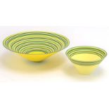 Sara Moorhouse, a pair of graduated open bowls brightly decorated with yellow and green bands, max.