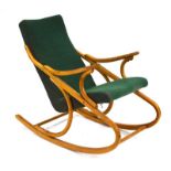 A 1950/60's Czech rocking chair with a bentwood frame and green upholstery, in the manner of Thonet,