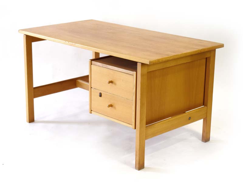 Hans Wegner for Getama, a 1970's Model 156 desk in beech with a single pedestal and two drawers, l.