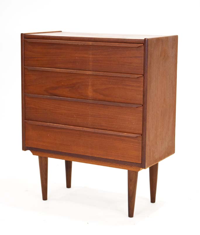 A 1960's teak chest of four drawers with turned handles on beech circular legs, of Danish design, w. - Image 2 of 3