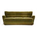 A Danish 1940/50's bow-fronted three-seater sofa upholstered in green striped fabric