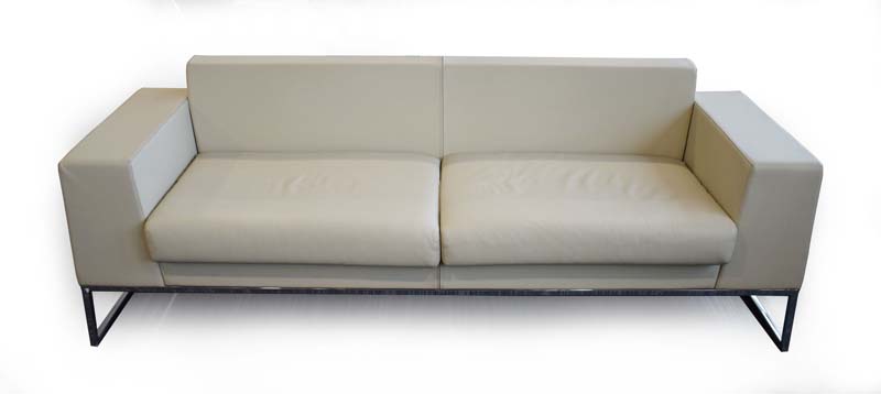 A Boss Design 'Layla' two-seater cream leather sofa with aluminium bases, l.