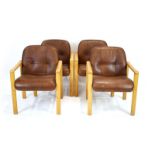 A set of eight Danish ash framed and brown leather upholstered reception armchairs by Komfort