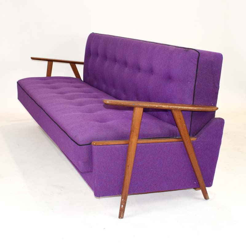 A 1960's Danish daybed with teak arms and purple woolen button upholstery - Image 2 of 2