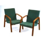 A pair of 1950's Czech green cloth armchairs with bentwood frames