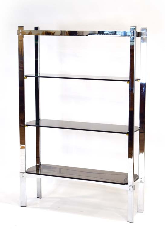 A 1970's Merrow Associates chrome three-tier shelving unit with smoked glass shelves - Image 7 of 7