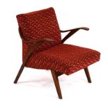A 1950's Czech armchair with a bentwood frame and red patterned upholstery,